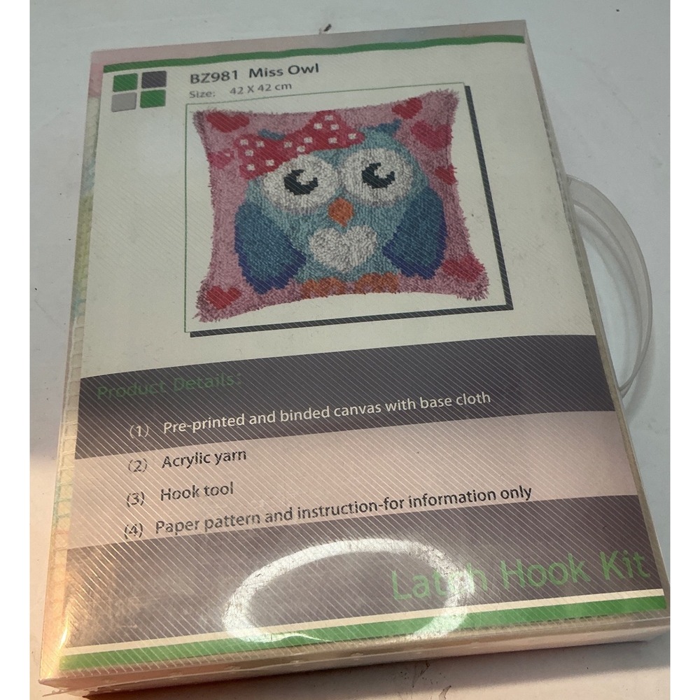 Beyond Your Thoughts Miss Owl Latch Hook Kit DIY Pillow Craft 42x42cm NWT